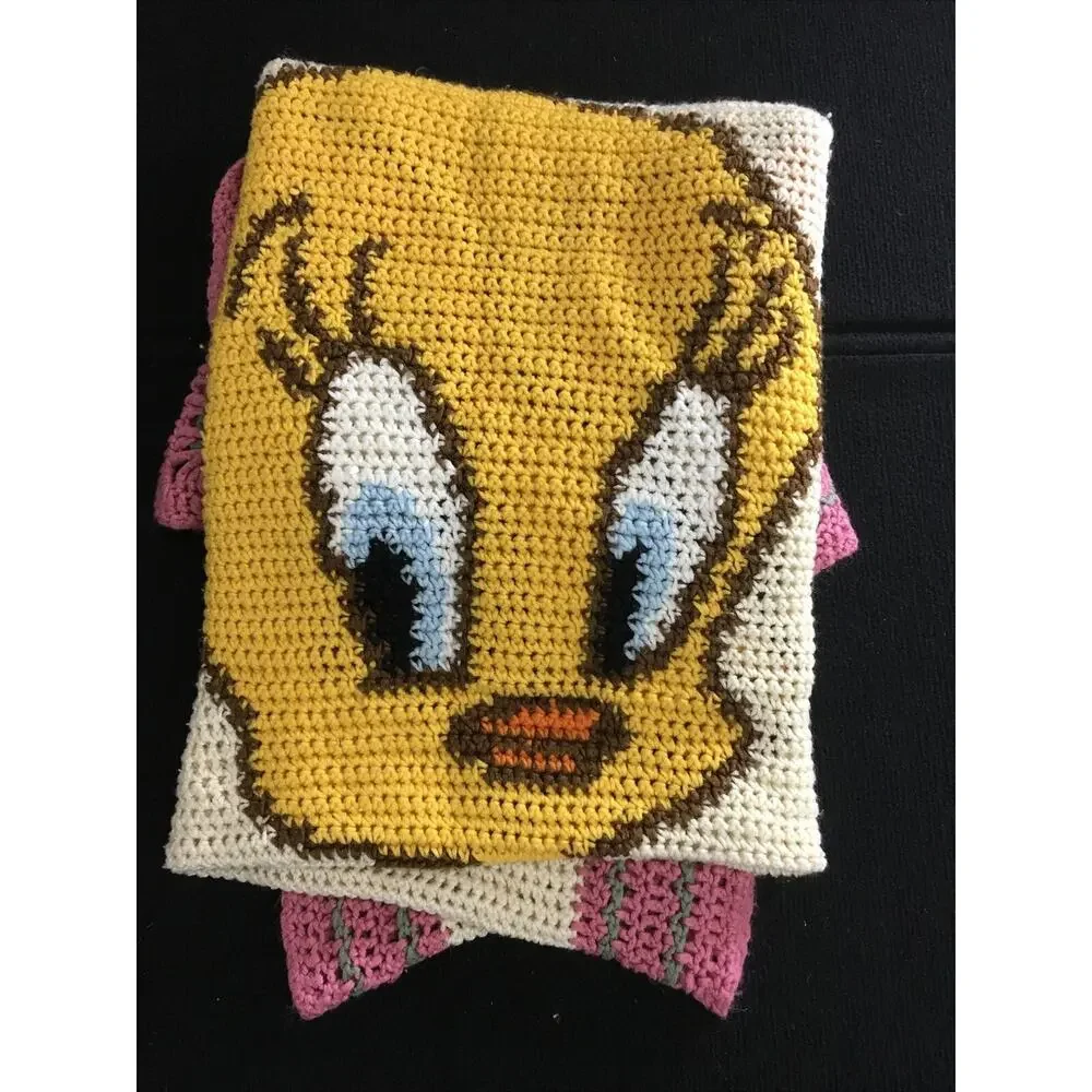 Tweety Bird Vtg Handmade Knit Crochet Baby‎ Blanket Throw Nursery 40